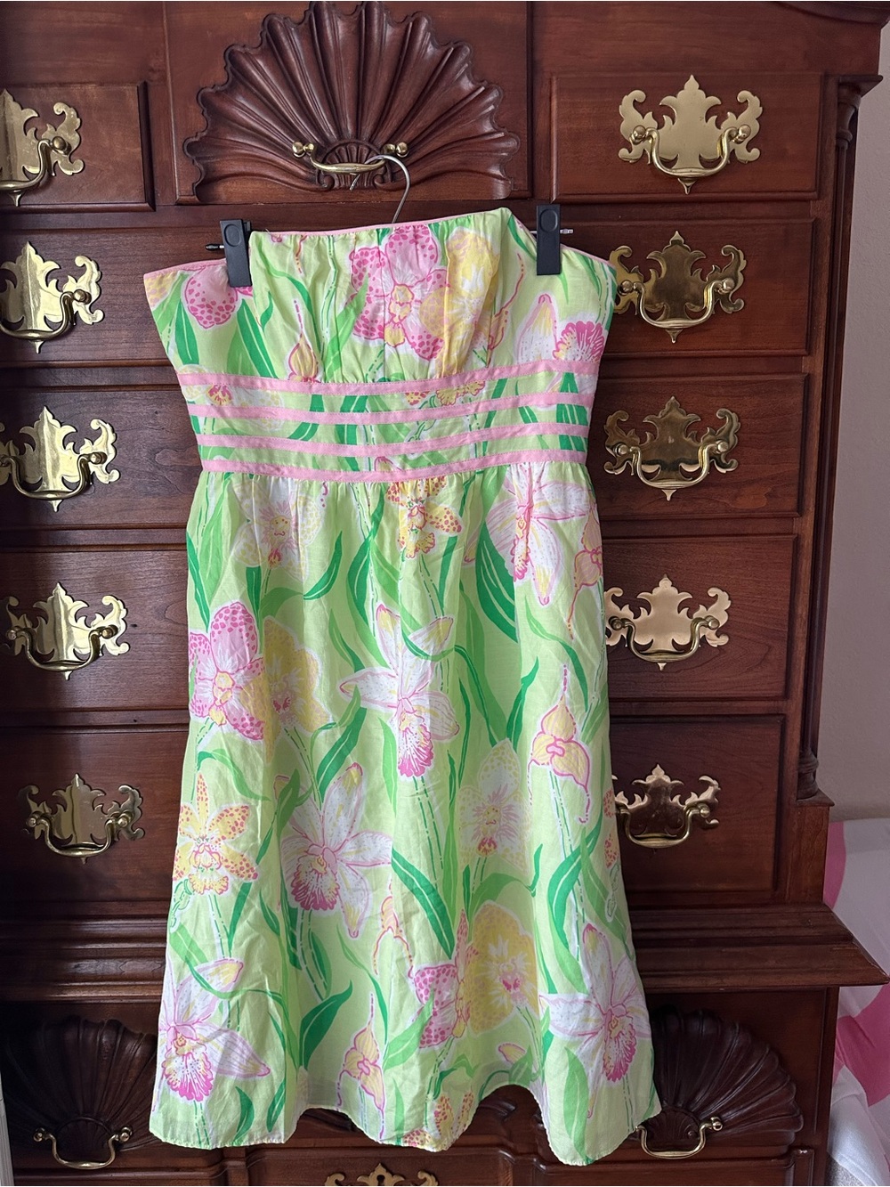 Lilly Pulitzer Lime Green Strapless Floral Sundress with Pink and Yellow Accents - Picture 3 of 7